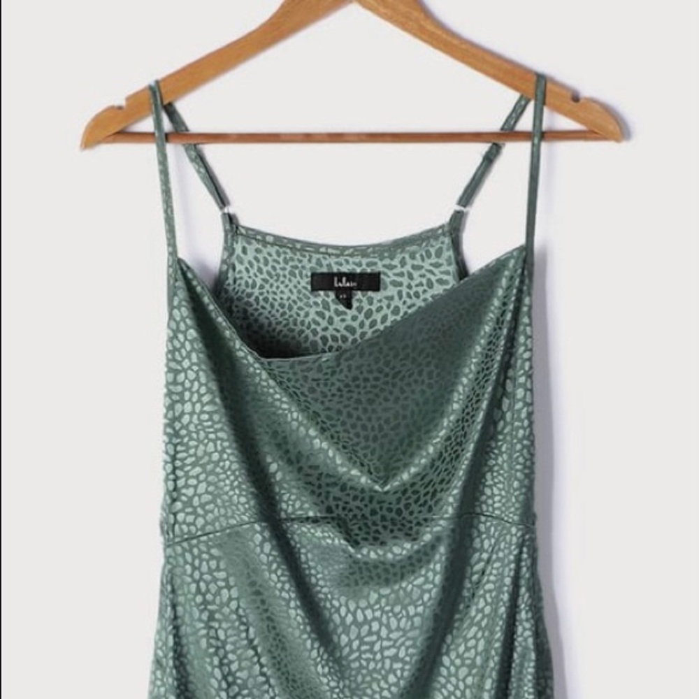 Lulus Total Stunner Sage Green Satin Jacquard Cowl Neck Midi Dress